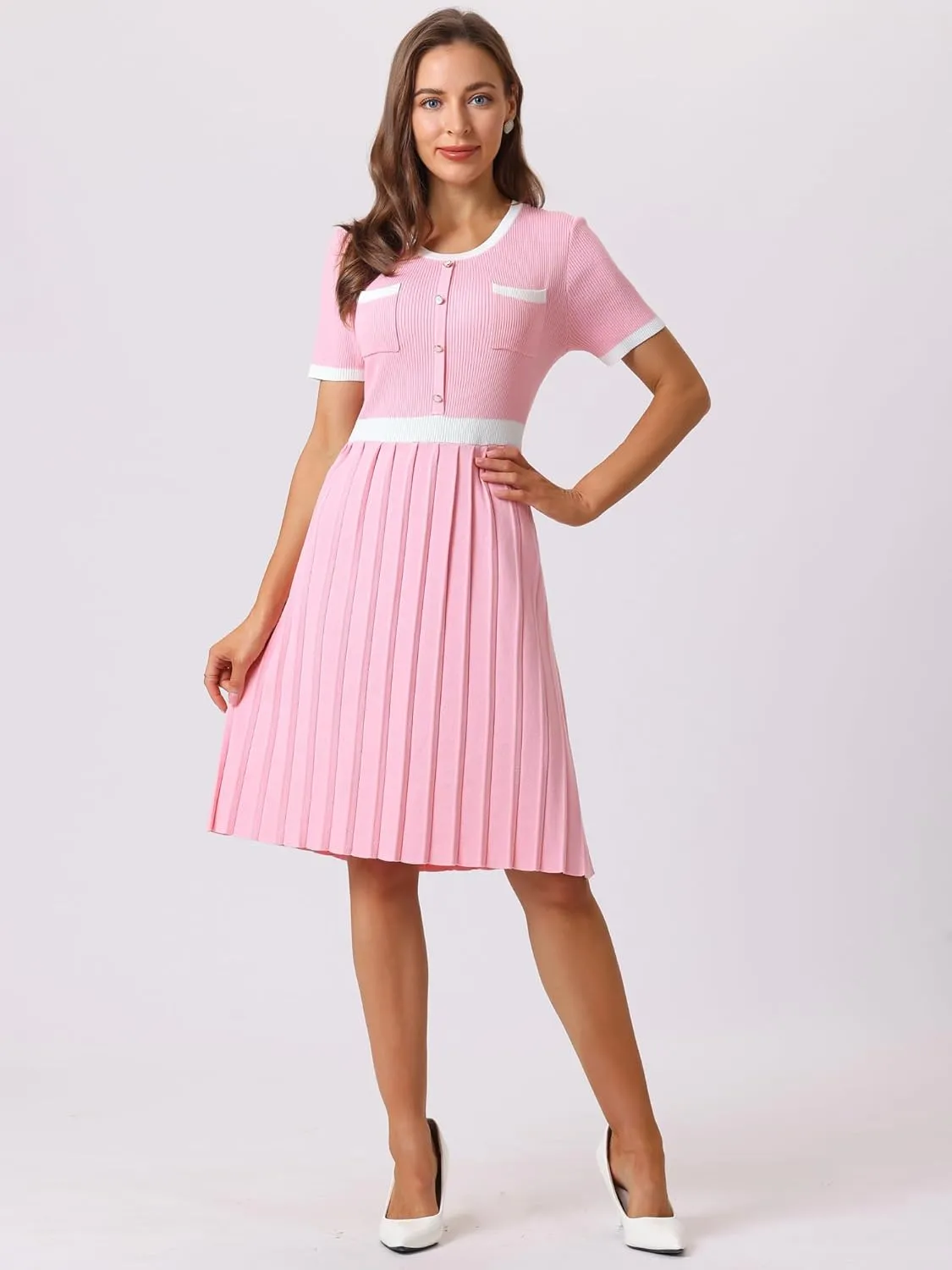 Women's Pleated Sweater Dress Ribbed Contrast Color Elegant Dress