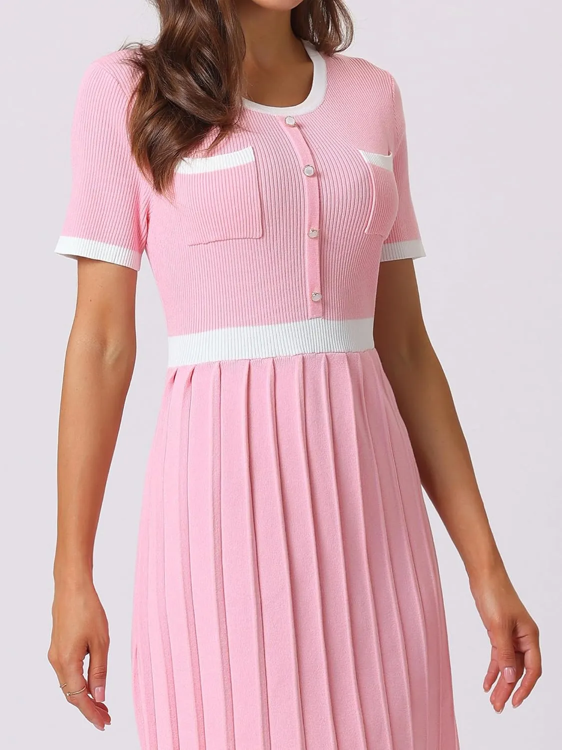 Women's Pleated Sweater Dress Ribbed Contrast Color Elegant Dress
