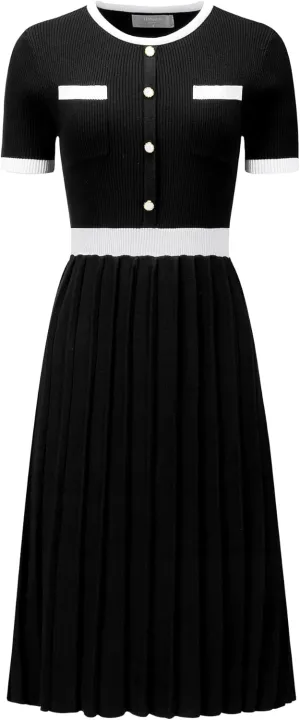 Women's Pleated Sweater Dress Ribbed Contrast Color Elegant Dress