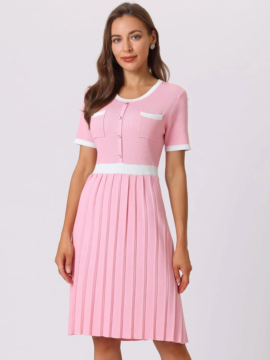 Women's Pleated Sweater Dress Ribbed Contrast Color Elegant Dress