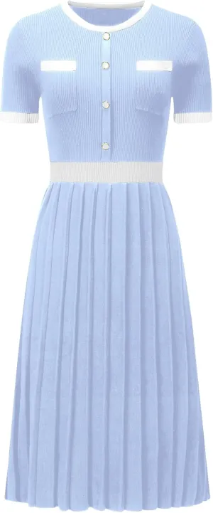Women's Pleated Sweater Dress Ribbed Contrast Color Elegant Dress
