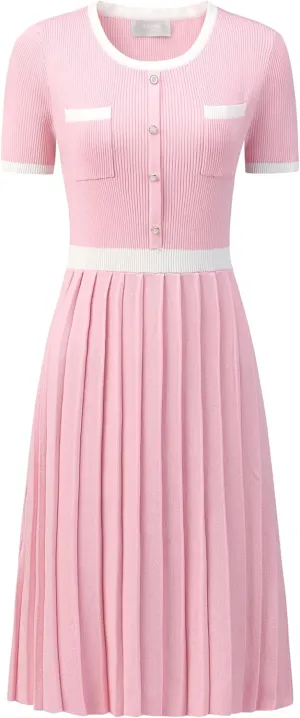 Women's Pleated Sweater Dress Ribbed Contrast Color Elegant Dress