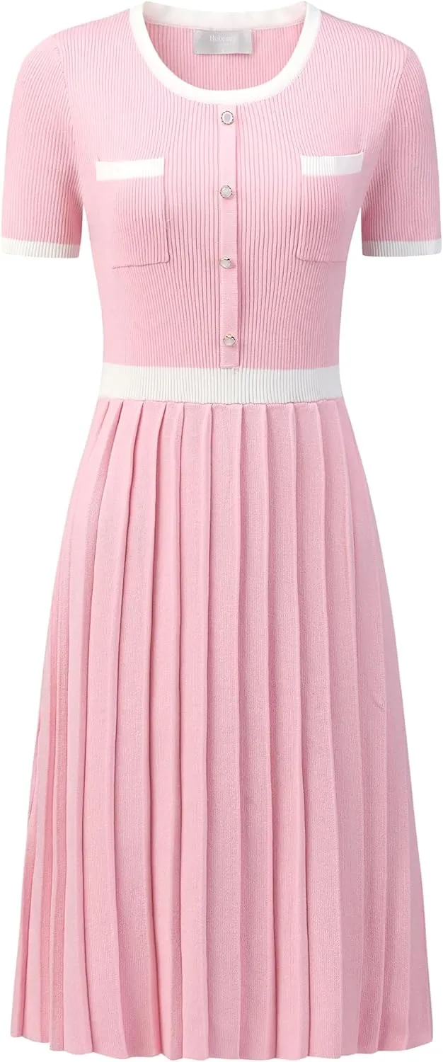 Women's Pleated Sweater Dress Ribbed Contrast Color Elegant Dress