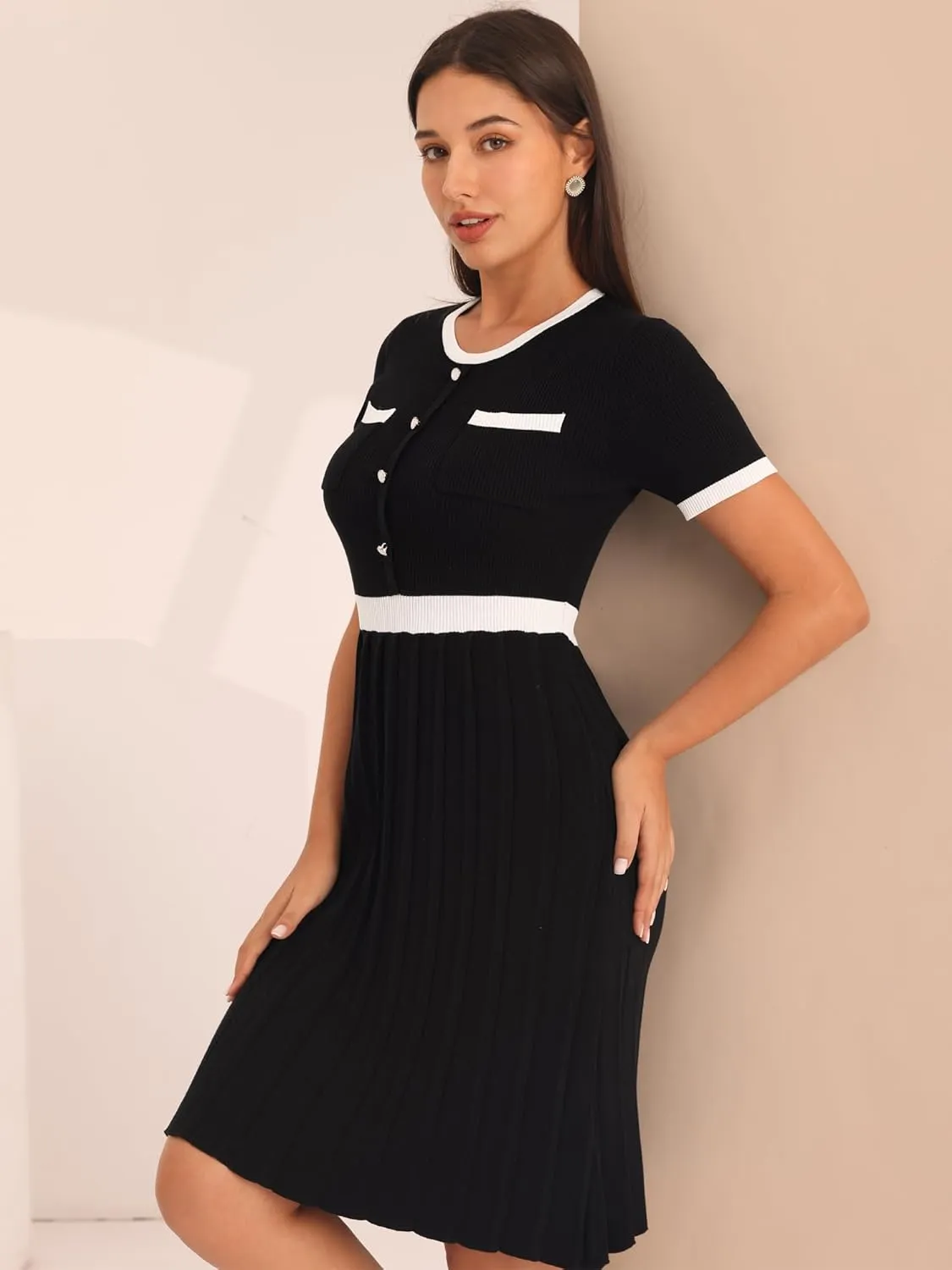 Women's Pleated Sweater Dress Ribbed Contrast Color Elegant Dress