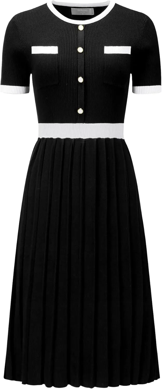 Women's Pleated Sweater Dress Ribbed Contrast Color Elegant Dress
