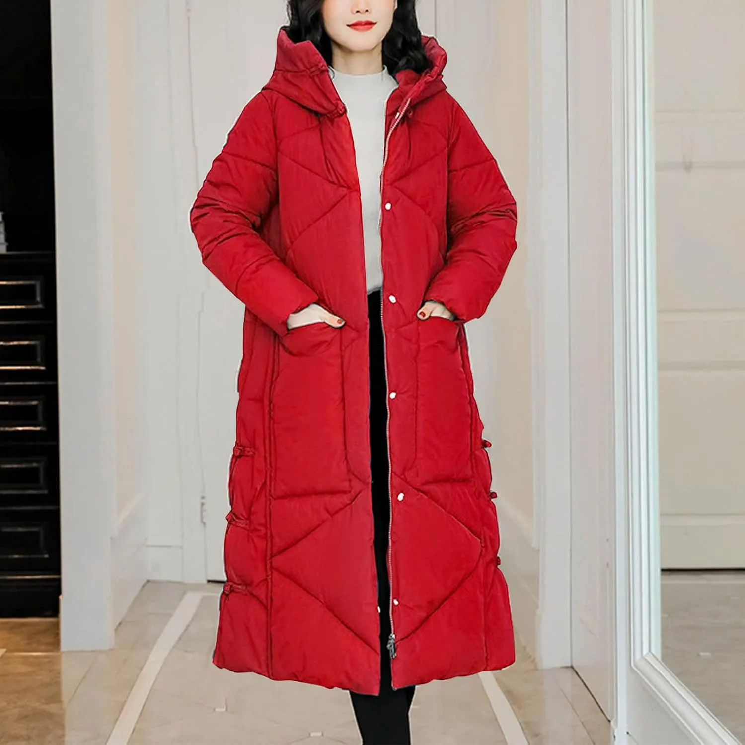 Women's Quilted Down Jacket Winter Long Coat Hooded Stand Collar Parka Ankle Length Cotton Versatile Outdoor Coats