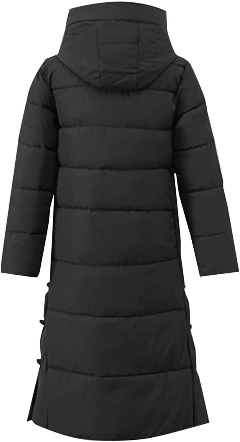 Women's Quilted Down Jacket Winter Long Coat Hooded Stand Collar Parka Ankle Length Cotton Versatile Outdoor Coats