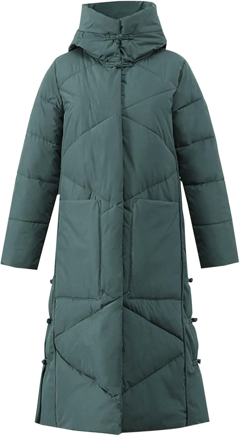 Women's Quilted Down Jacket Winter Long Coat Hooded Stand Collar Parka Ankle Length Cotton Versatile Outdoor Coats