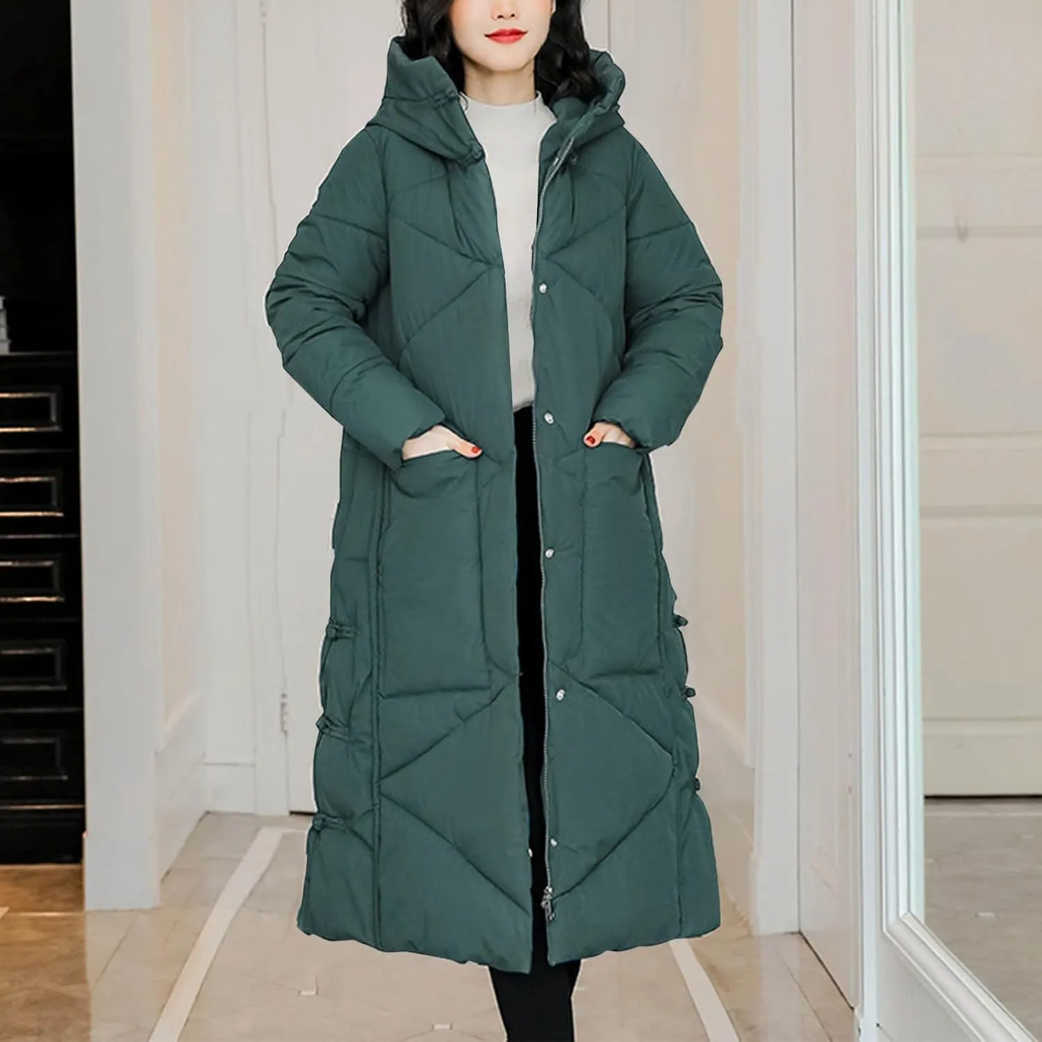 Women's Quilted Down Jacket Winter Long Coat Hooded Stand Collar Parka Ankle Length Cotton Versatile Outdoor Coats