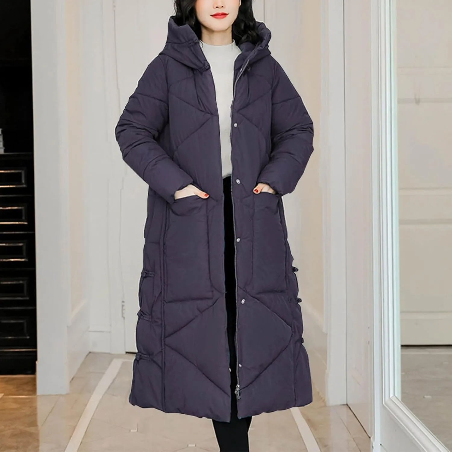 Women's Quilted Down Jacket Winter Long Coat Hooded Stand Collar Parka Ankle Length Cotton Versatile Outdoor Coats