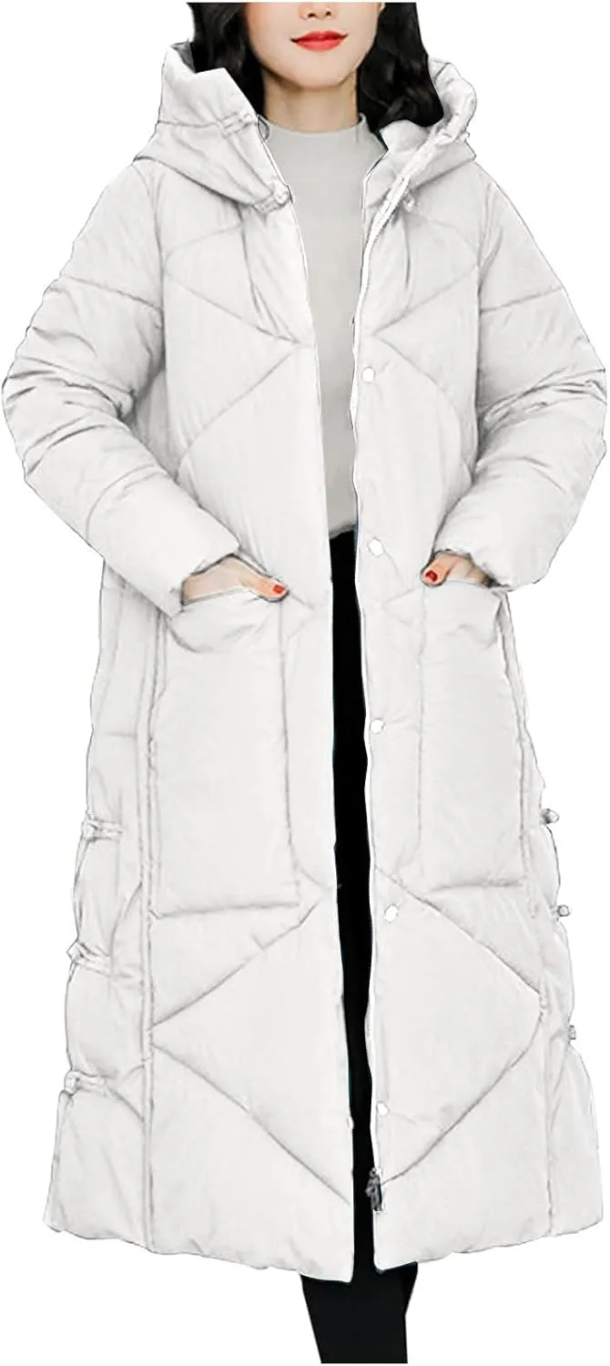 Women's Quilted Down Jacket Winter Long Coat Hooded Stand Collar Parka Ankle Length Cotton Versatile Outdoor Coats