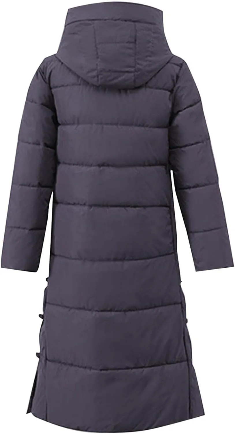 Women's Quilted Down Jacket Winter Long Coat Hooded Stand Collar Parka Ankle Length Cotton Versatile Outdoor Coats