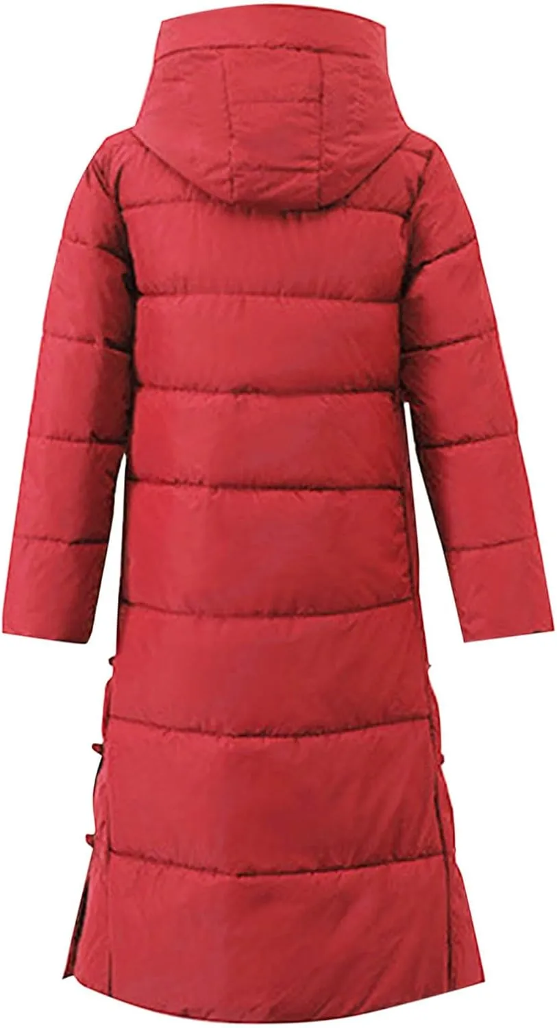 Women's Quilted Down Jacket Winter Long Coat Hooded Stand Collar Parka Ankle Length Cotton Versatile Outdoor Coats
