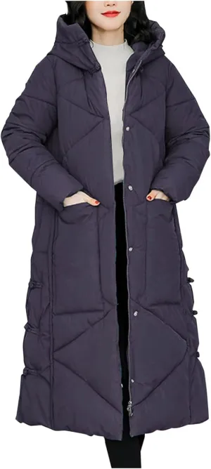 Women's Quilted Down Jacket Winter Long Coat Hooded Stand Collar Parka Ankle Length Cotton Versatile Outdoor Coats