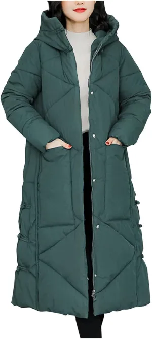 Women's Quilted Down Jacket Winter Long Coat Hooded Stand Collar Parka Ankle Length Cotton Versatile Outdoor Coats