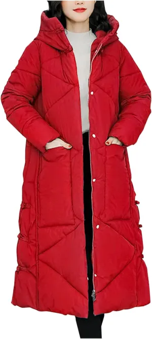 Women's Quilted Down Jacket Winter Long Coat Hooded Stand Collar Parka Ankle Length Cotton Versatile Outdoor Coats