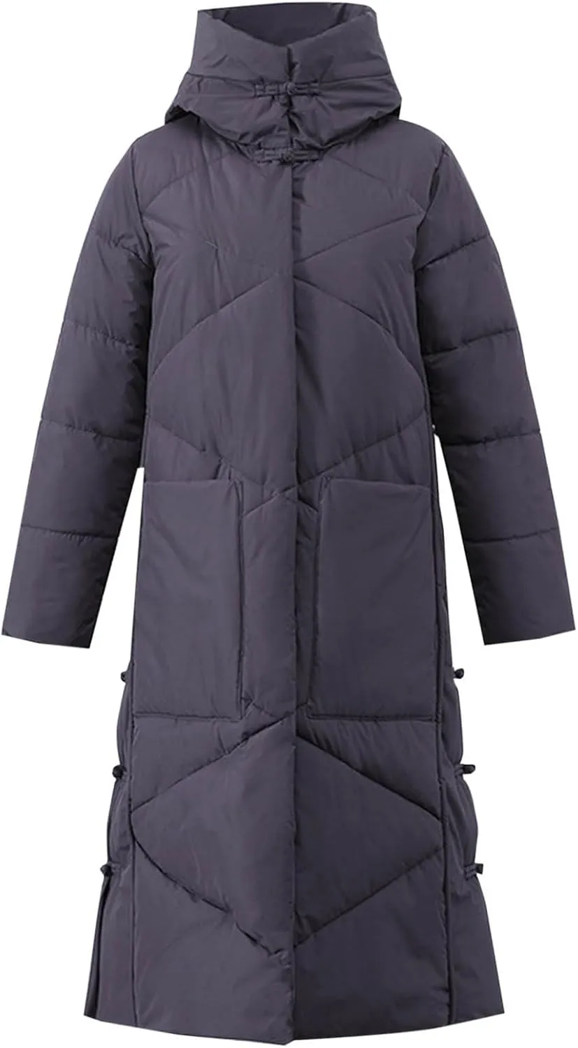 Women's Quilted Down Jacket Winter Long Coat Hooded Stand Collar Parka Ankle Length Cotton Versatile Outdoor Coats