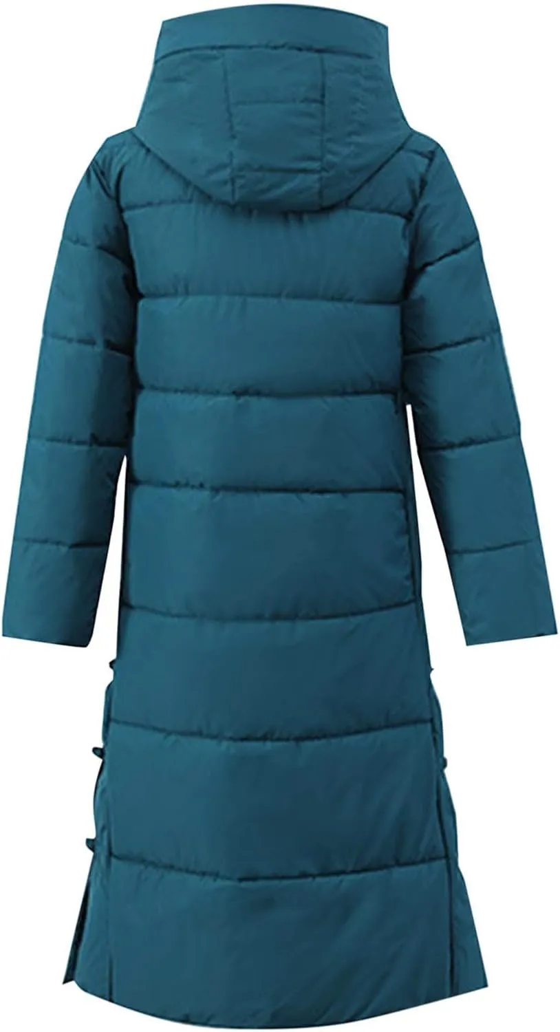 Women's Quilted Down Jacket Winter Long Coat Hooded Stand Collar Parka Ankle Length Cotton Versatile Outdoor Coats