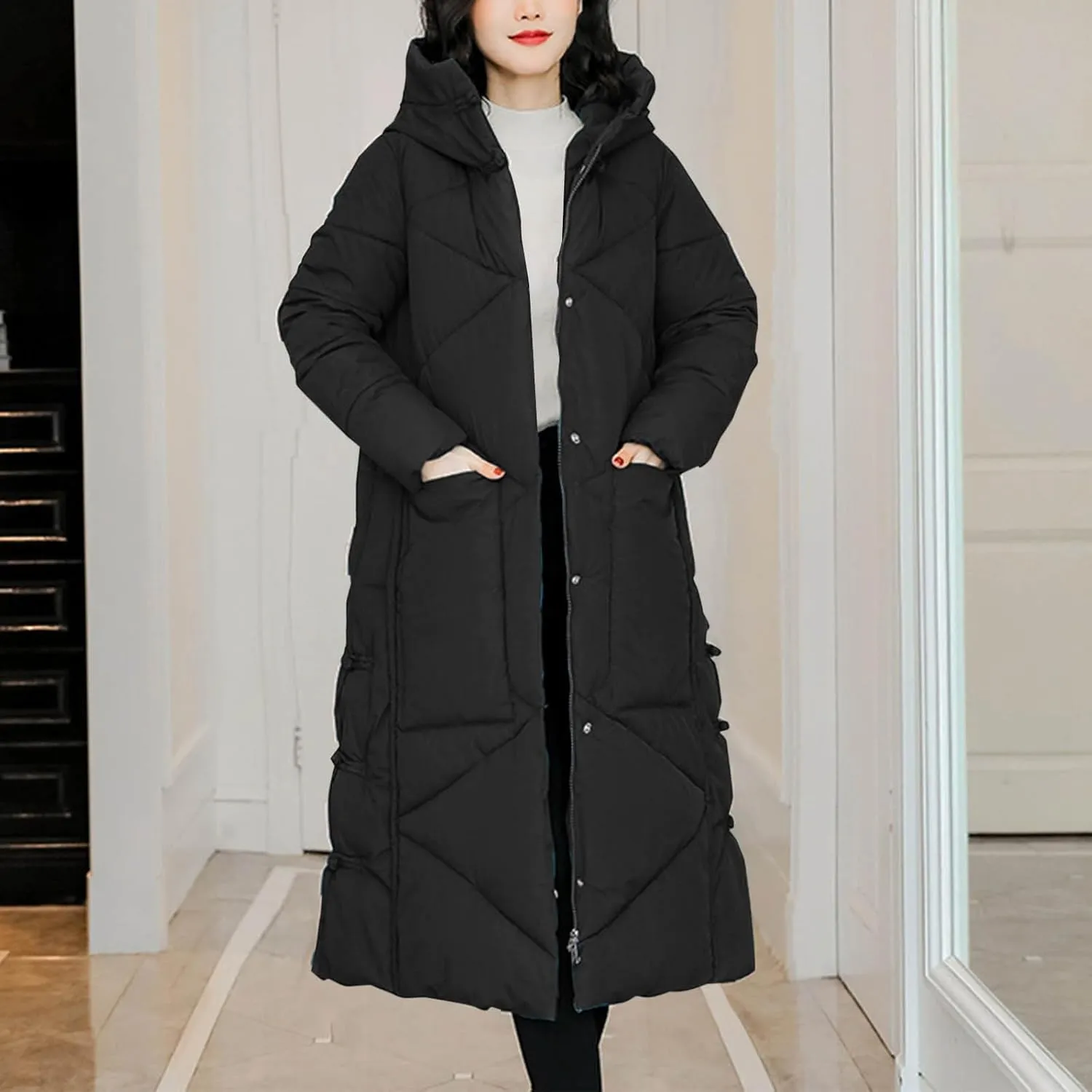 Women's Quilted Down Jacket Winter Long Coat Hooded Stand Collar Parka Ankle Length Cotton Versatile Outdoor Coats