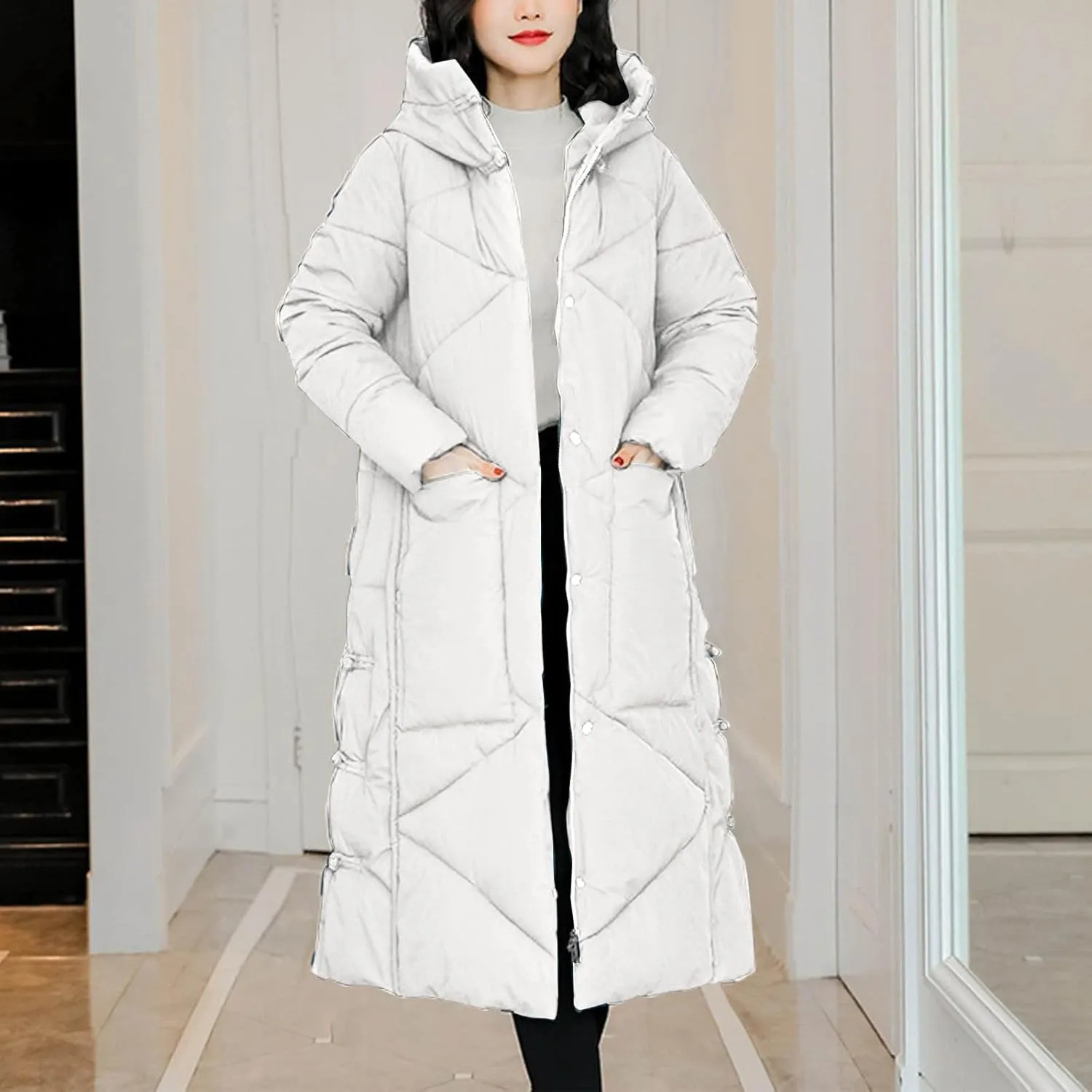 Women's Quilted Down Jacket Winter Long Coat Hooded Stand Collar Parka Ankle Length Cotton Versatile Outdoor Coats