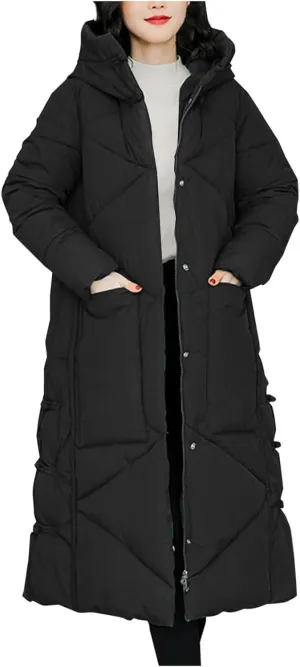 Women's Quilted Down Jacket Winter Long Coat Hooded Stand Collar Parka Ankle Length Cotton Versatile Outdoor Coats
