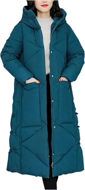 Women's Quilted Down Jacket Winter Long Coat Hooded Stand Collar Parka Ankle Length Cotton Versatile Outdoor Coats