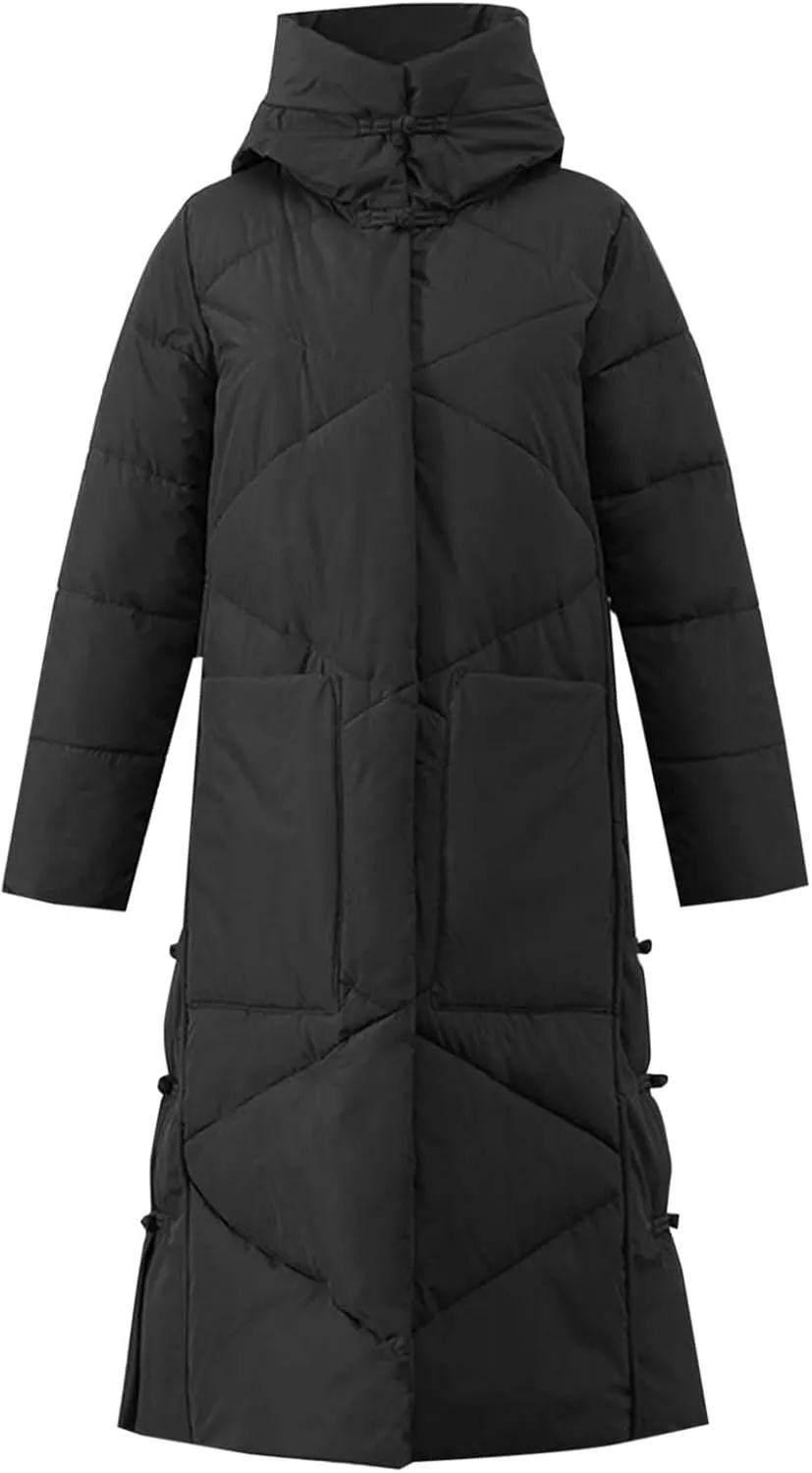 Women's Quilted Down Jacket Winter Long Coat Hooded Stand Collar Parka Ankle Length Cotton Versatile Outdoor Coats