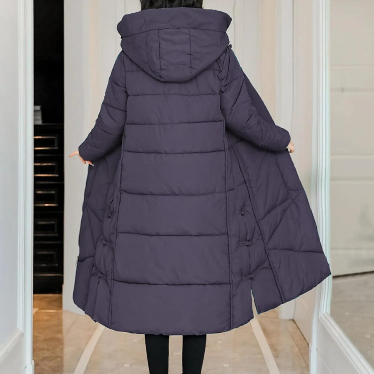 Women's Quilted Down Jacket Winter Long Coat Hooded Stand Collar Parka Ankle Length Cotton Versatile Outdoor Coats