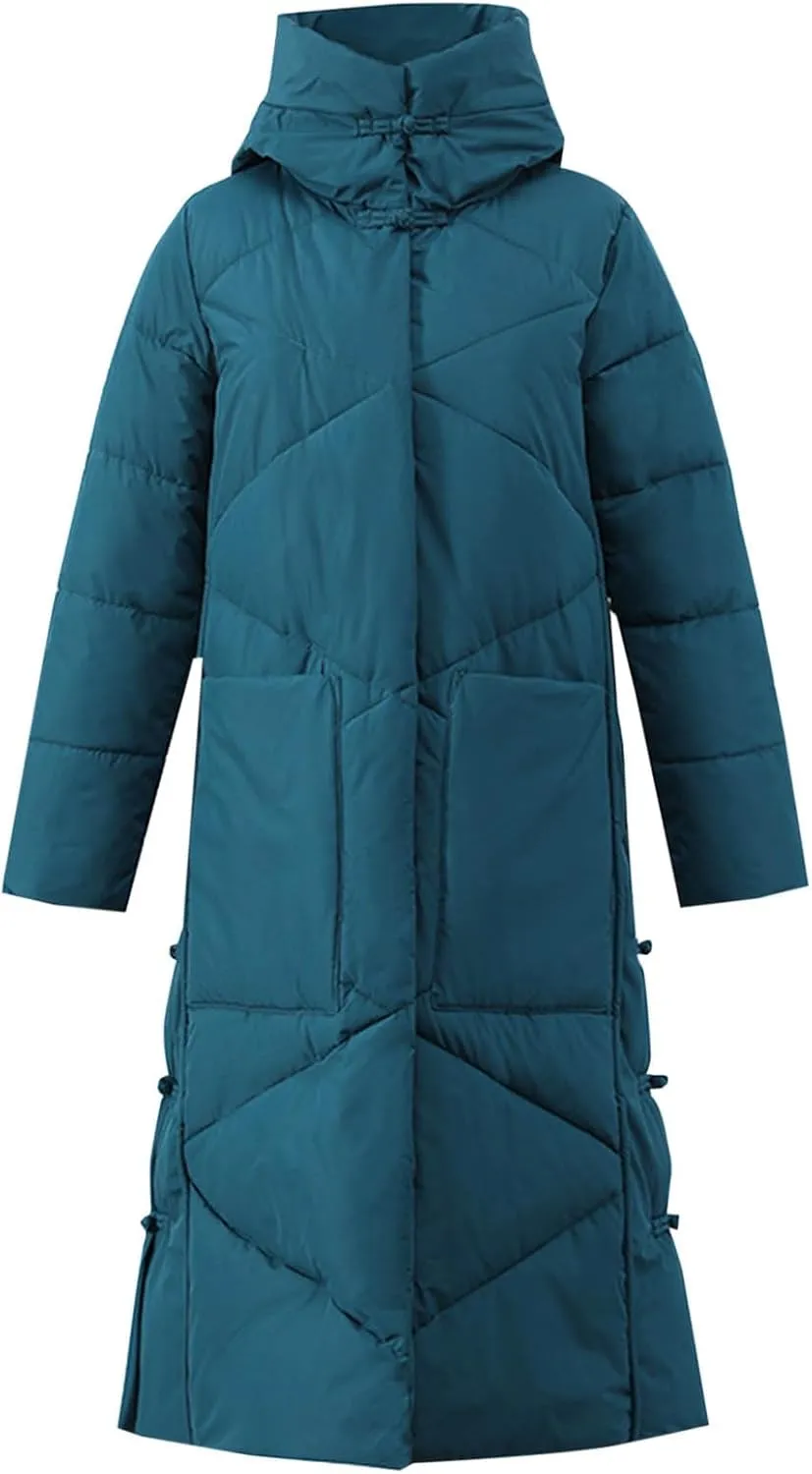 Women's Quilted Down Jacket Winter Long Coat Hooded Stand Collar Parka Ankle Length Cotton Versatile Outdoor Coats