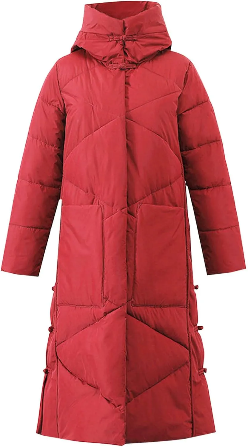 Women's Quilted Down Jacket Winter Long Coat Hooded Stand Collar Parka Ankle Length Cotton Versatile Outdoor Coats