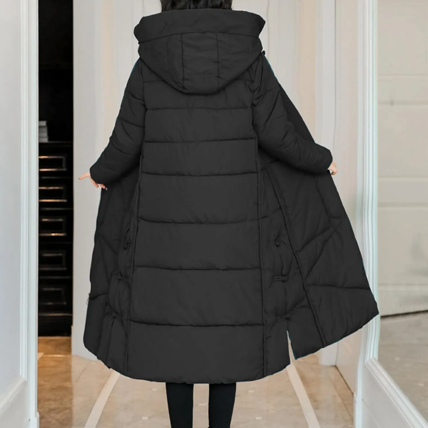 Women's Quilted Down Jacket Winter Long Coat Hooded Stand Collar Parka Ankle Length Cotton Versatile Outdoor Coats
