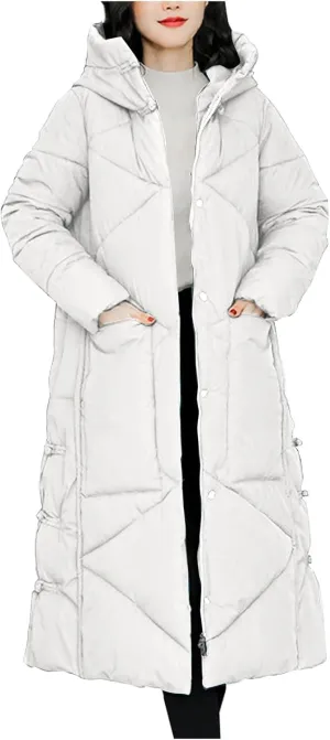 Women's Quilted Down Jacket Winter Long Coat Hooded Stand Collar Parka Ankle Length Cotton Versatile Outdoor Coats