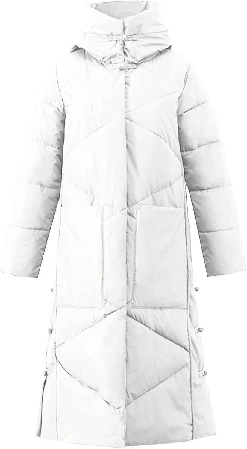 Women's Quilted Down Jacket Winter Long Coat Hooded Stand Collar Parka Ankle Length Cotton Versatile Outdoor Coats