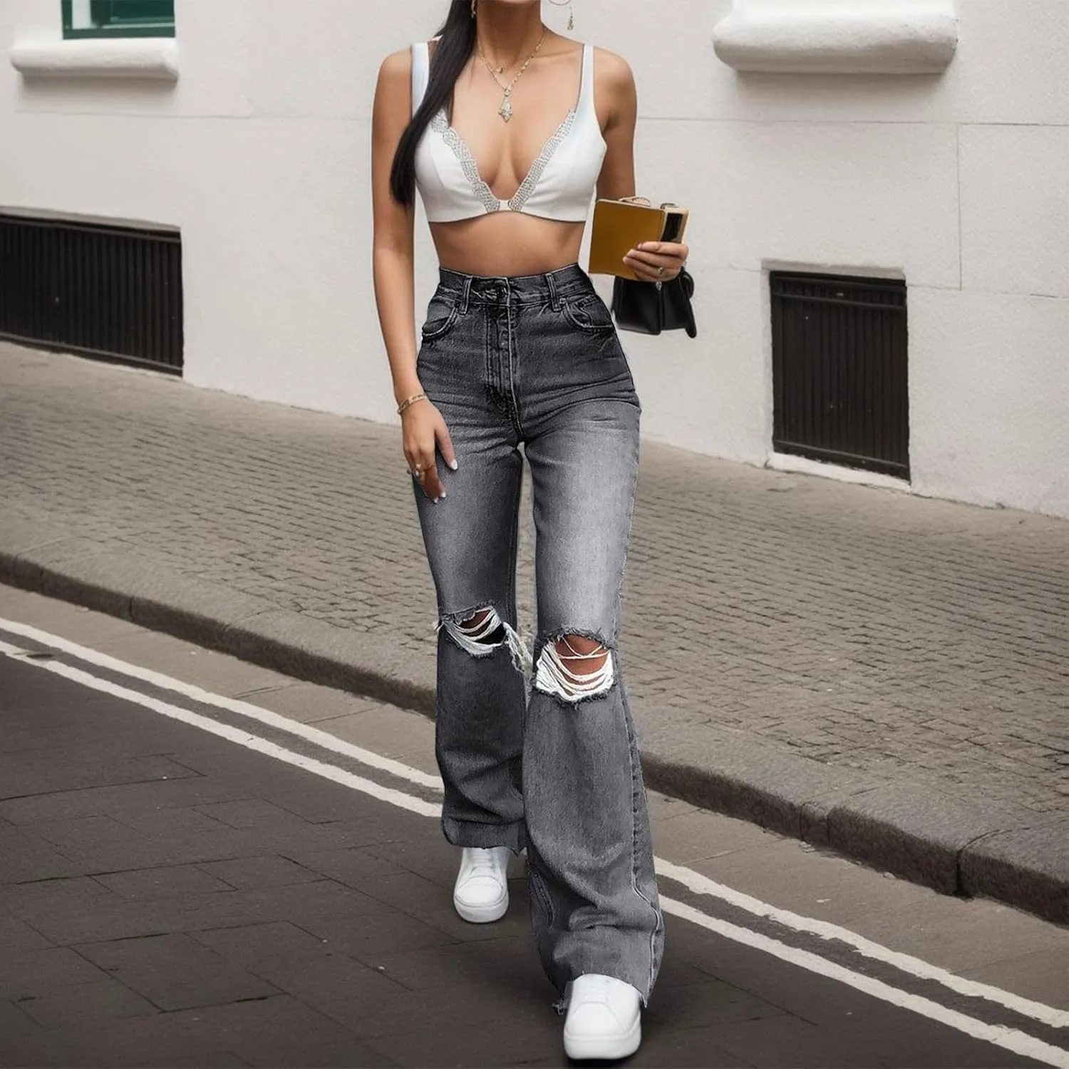 Women's Ripped High Waisted Flared Jeans Wide Leg Destroyed Denim Pants High Waisted Stretch Jeans Baggy Jeans