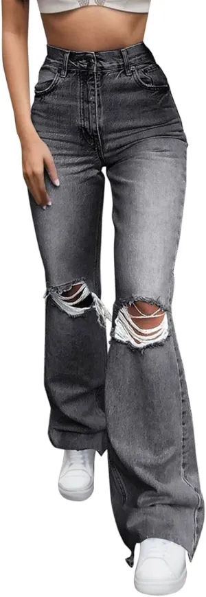 Women's Ripped High Waisted Flared Jeans Wide Leg Destroyed Denim Pants High Waisted Stretch Jeans Baggy Jeans
