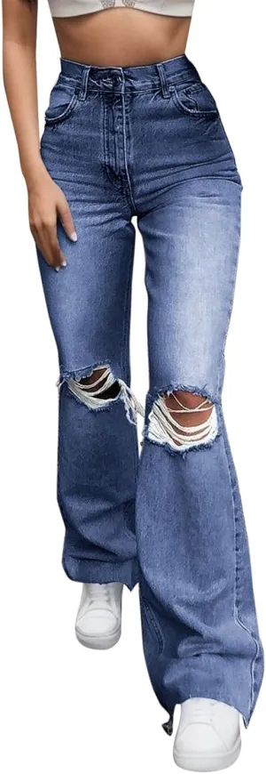 Women's Ripped High Waisted Flared Jeans Wide Leg Destroyed Denim Pants High Waisted Stretch Jeans Baggy Jeans