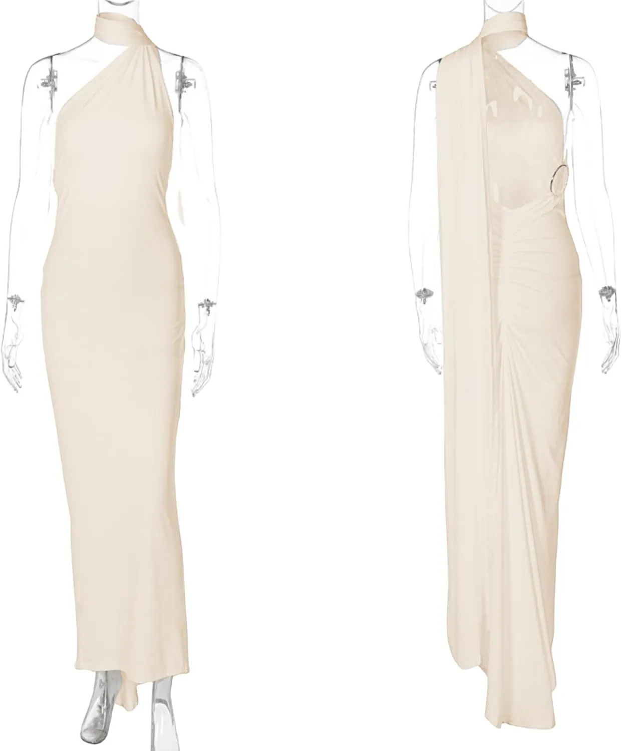 Women's Sexy One Shoulder Backless Maxi Dress Elegant Ruched O Ring Sleeveless Evening Dress Long Gown Cocktail Dress