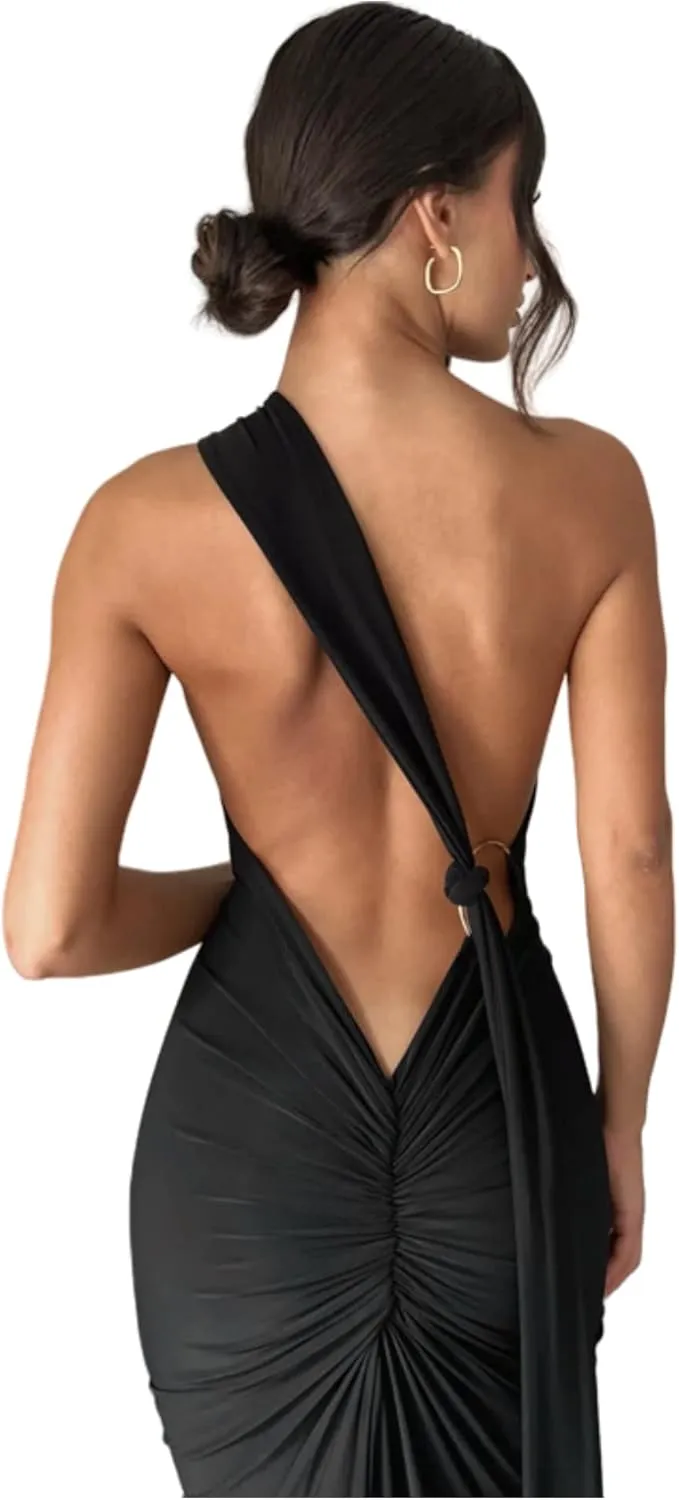 Women's Sexy One Shoulder Backless Maxi Dress Elegant Ruched O Ring Sleeveless Evening Dress Long Gown Cocktail Dress