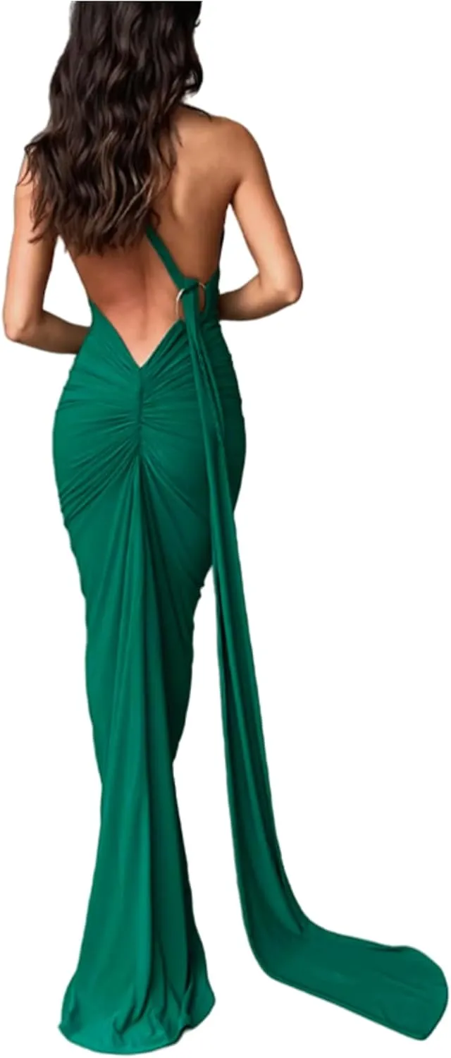 Women's Sexy One Shoulder Backless Maxi Dress Elegant Ruched O Ring Sleeveless Evening Dress Long Gown Cocktail Dress