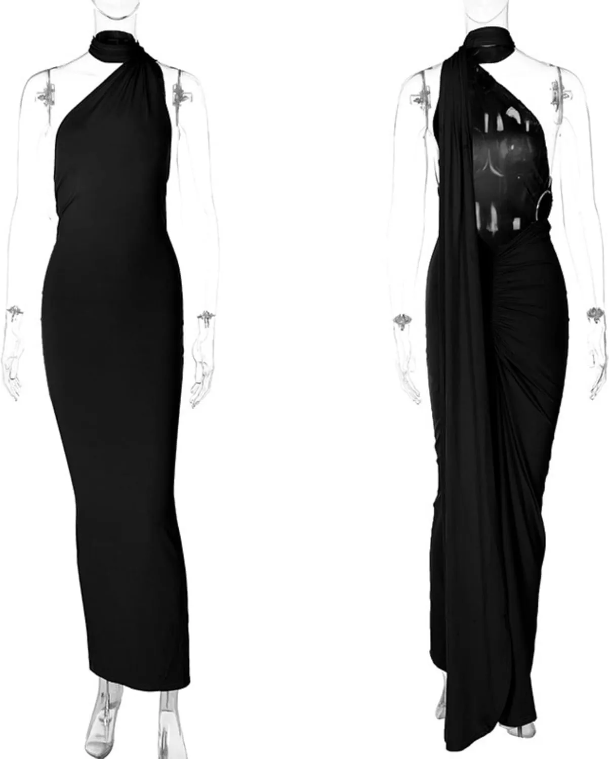 Women's Sexy One Shoulder Backless Maxi Dress Elegant Ruched O Ring Sleeveless Evening Dress Long Gown Cocktail Dress