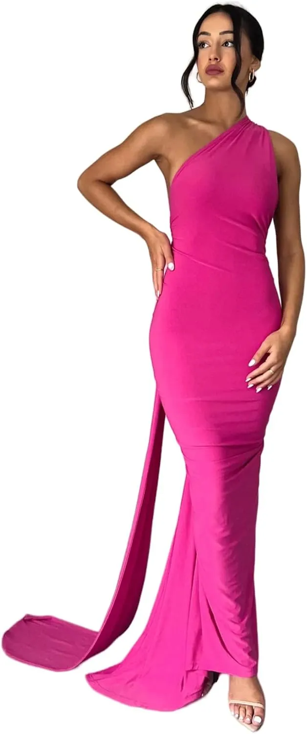 Women's Sexy One Shoulder Backless Maxi Dress Elegant Ruched O Ring Sleeveless Evening Dress Long Gown Cocktail Dress