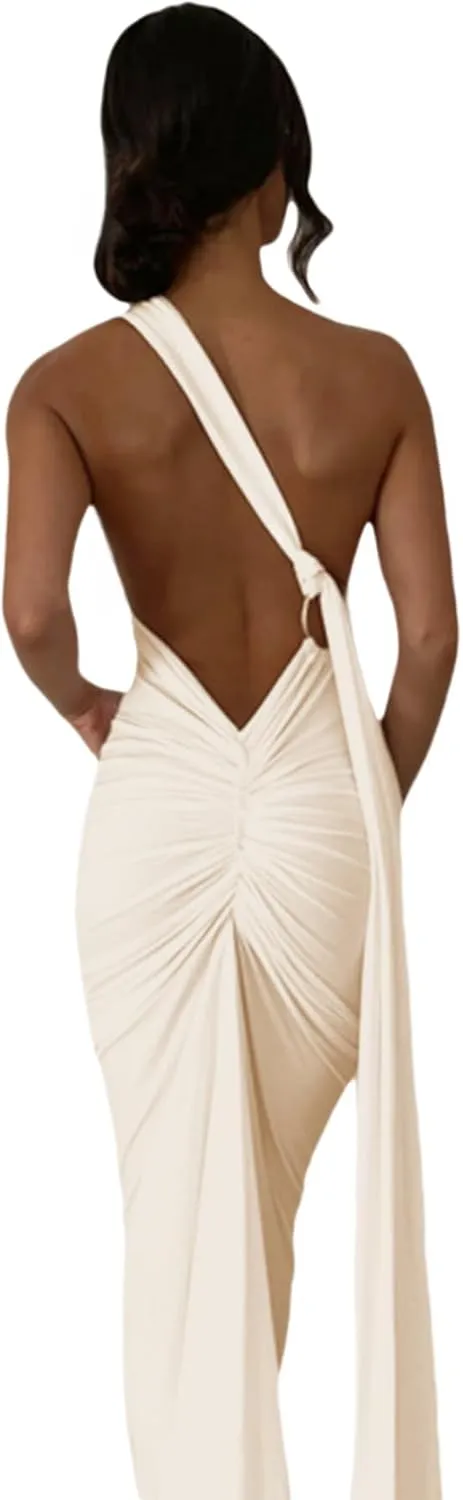 Women's Sexy One Shoulder Backless Maxi Dress Elegant Ruched O Ring Sleeveless Evening Dress Long Gown Cocktail Dress