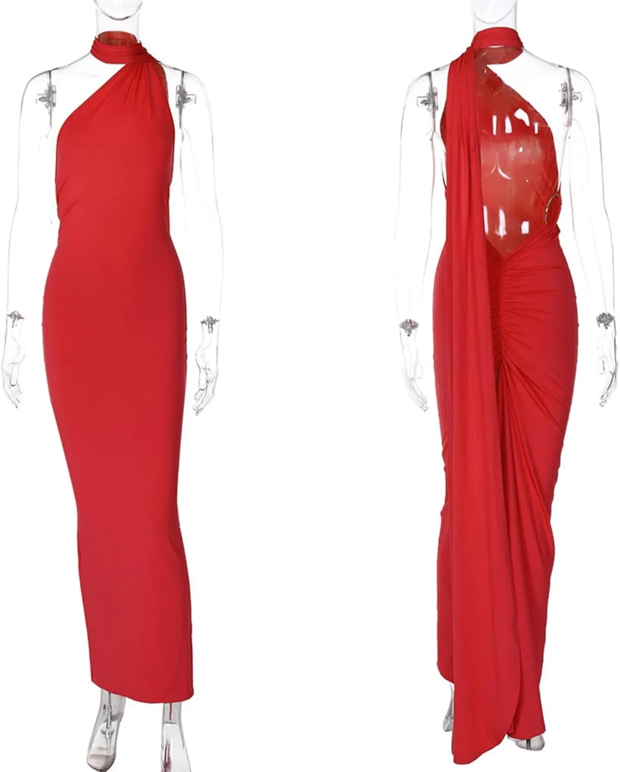 Women's Sexy One Shoulder Backless Maxi Dress Elegant Ruched O Ring Sleeveless Evening Dress Long Gown Cocktail Dress