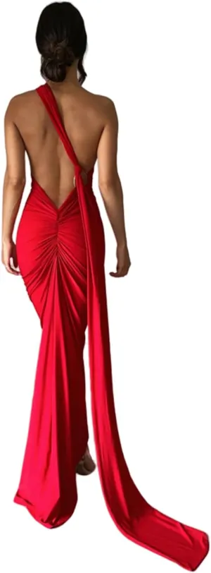 Women's Sexy One Shoulder Backless Maxi Dress Elegant Ruched O Ring Sleeveless Evening Dress Long Gown Cocktail Dress