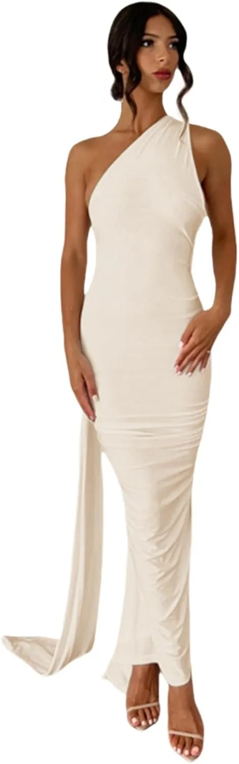 Women's Sexy One Shoulder Backless Maxi Dress Elegant Ruched O Ring Sleeveless Evening Dress Long Gown Cocktail Dress