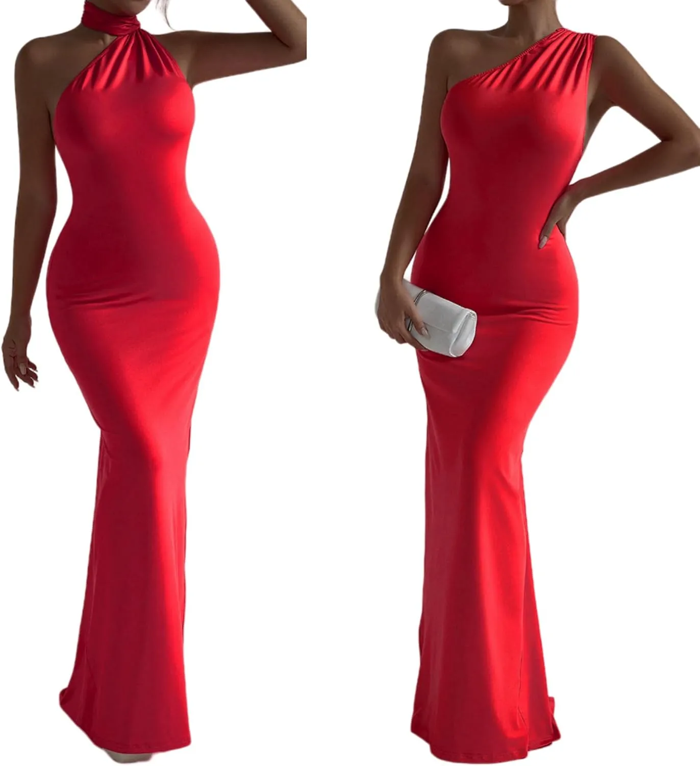 Women's Sexy One Shoulder Backless Maxi Dress Elegant Ruched O Ring Sleeveless Evening Dress Long Gown Cocktail Dress