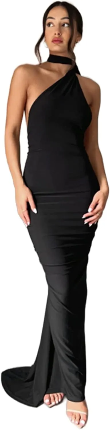 Women's Sexy One Shoulder Backless Maxi Dress Elegant Ruched O Ring Sleeveless Evening Dress Long Gown Cocktail Dress