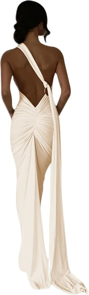 Women's Sexy One Shoulder Backless Maxi Dress Elegant Ruched O Ring Sleeveless Evening Dress Long Gown Cocktail Dress