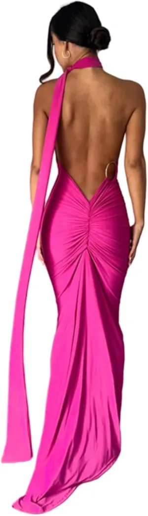 Women's Sexy One Shoulder Backless Maxi Dress Elegant Ruched O Ring Sleeveless Evening Dress Long Gown Cocktail Dress