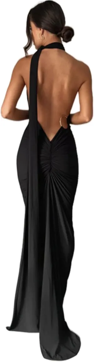 Women's Sexy One Shoulder Backless Maxi Dress Elegant Ruched O Ring Sleeveless Evening Dress Long Gown Cocktail Dress